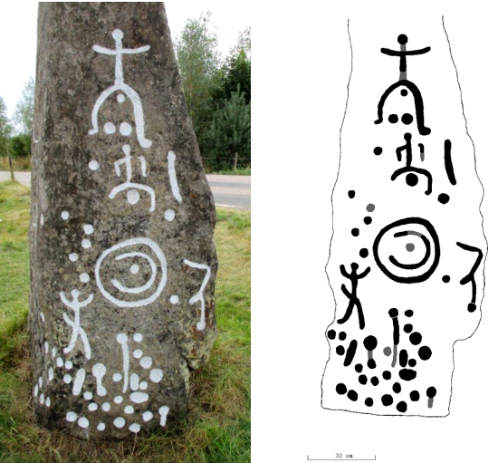 Stele B, north side. Most people in Scandy rock art are just stick figures, so gender is sometimes difficult to judge. An oversized erection identifies men, like the guy bottom left. A ponytail hairdo is a common identifier for women, and there are cases where the ponytail is combined with a cupmark in the crotch. This attribute identifies the two otherwise ungendered top figures on the stele as women. Their unusual, extremely wide-legged stance suggests to me that the artist is emphasising female fertility. The concentric circles represent the sun and/or a shield here too.