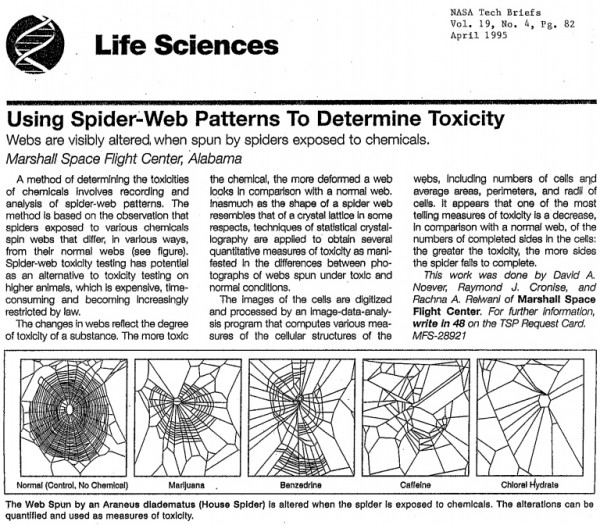 Image credit: Noever, R., J. Cronise, and R. A. Relwani. 1995. Using spider-web patterns to determine toxicity. NASA Tech Briefs 19(4):82.