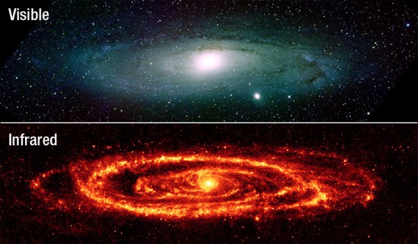Images credit: NASA, via Kitt Peak National Observatory (visible, top) and Spitzer (IR, below).