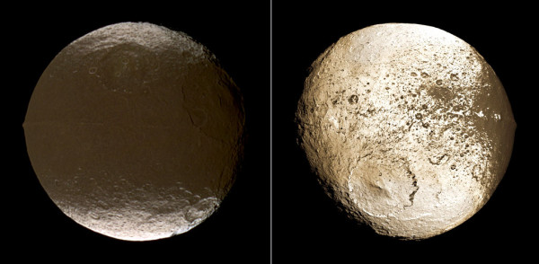 Image credit: NASA / JPL, via http://spacefellowship.com/news/art16887/reddish-dust-and-ice-migration-darken-saturn-s-moon-iapetus.html.