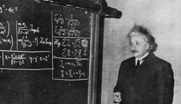 Image credit: Einstein deriving special relativity, 1934, via http://www.relativitycalculator.com/pdfs/einstein_1934_two-blackboard_derivation_of_energy-mass_equivalence.pdf