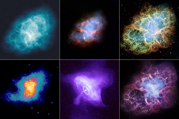 Images credit: NASA. The Crab Nebula at radio, infrared and visible wavelengths. Bottom Row (left to right): ultraviolet, x-ray, and a false-color composition of the full range.