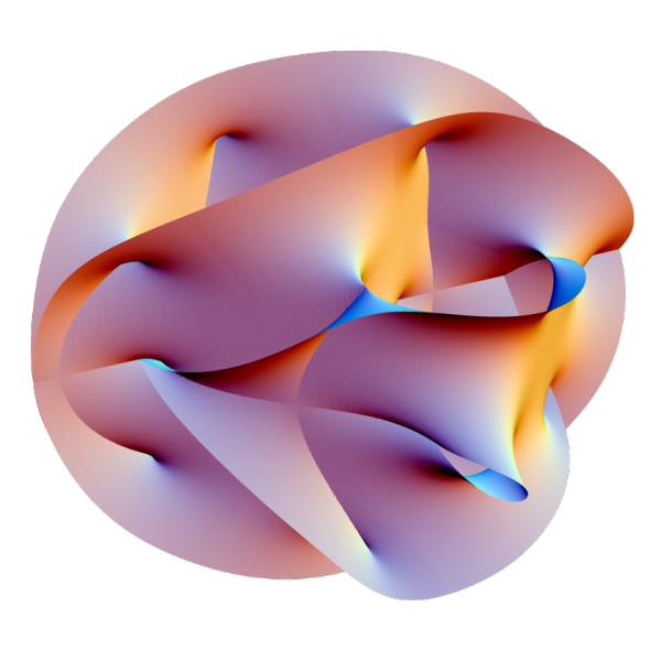 Image credit: Wikimedia Commons user Lunch, of a 2-D projection of a Calabi-Yau manifold, one popular method of compactifying the extra, unwanted dimensions of String Theory.