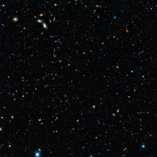 Image credit: ESO/M. Hayes, of a region of the GOODS field imaged by both Hubble and multiple instruments aboard the ESO’s Very Large Telescope.