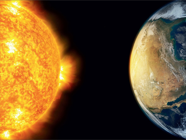 Image credit: public domain illustration from Shutterstock, of the Sun and Earth.