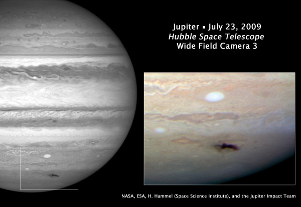 Image credit: NASA, ESA, H. Hammel (Space Science Institute, Boulder, Colo.), and the Jupiter Impact Team, of the aftermath of the 2009 Jupiter impact.