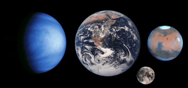 Venus, Earth, the Moon and Mars to scale, images courtesy of NASA.