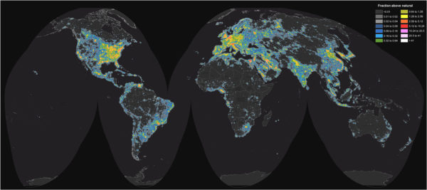 World map of current light pollution. Image credit: F. Falchi et al., “The new world atlas of artificial night sky brightness,” Science Advances, 10 Jun 2016.