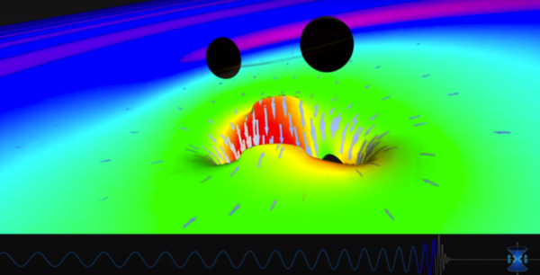 Still from a merging black hole simulation created by the SXS (Simulating eXtreme Spacetimes) Project (http://www.black-holes.org). Image credit: LIGO Lab Caltech : MIT.