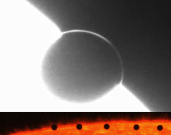 Transits of Venus (top) and Mercury (bottom) across the edge of the Sun. Note how Venus’ atmosphere diffracts sunlight around it, while Mercury’s lack of atmosphere shows no such effects. Images credit: NASA / SDO / HMI / Stanford Univ., Jesper Schou (top); NASA’s TRACE Satellite (bottom).