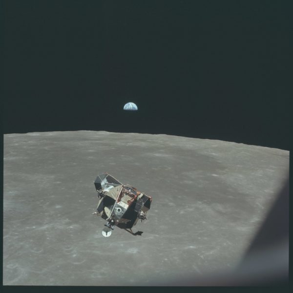 The returning Lunar Module, with astronauts Armstrong and Aldrin inside. Michael Collins is the only human not contained in this photo. Image credit: NASA/Apollo 11.