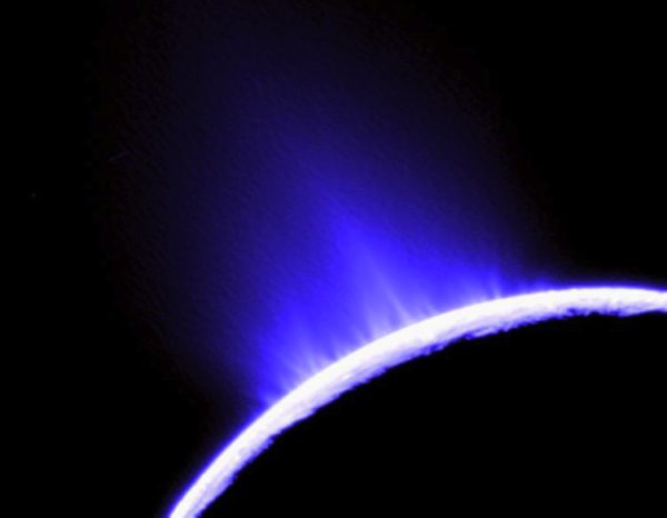 This is a false-color image of jets (blue areas) in the southern hemisphere of Enceladus taken with the Cassini spacecraft narrow-angle camera on Nov. 27, 2005. Image credit: NASA/JPL/Space Science Institute.