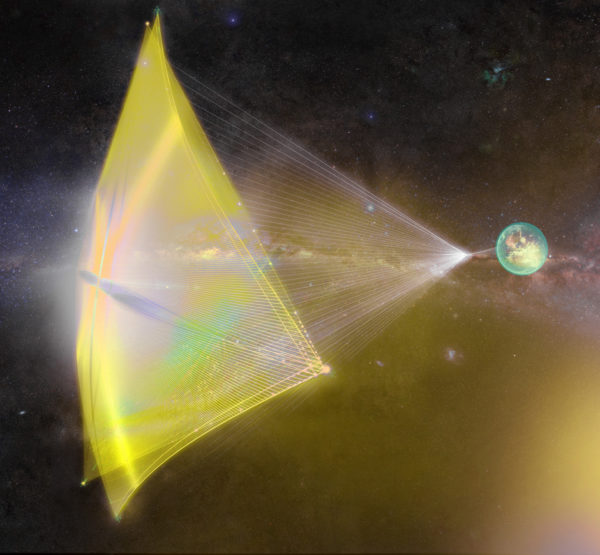 If you don’t mind your spacecraft payload being the size of a microchip, a laser sail could get you up to 20% the speed of light. Image credit: Breakthrough Starshot, of the laser sail concept for a “starchip” spaceship.