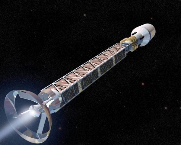 Powered by antimatter technology, a warp drive rocket would not only get arbitrarily close to the speed of light, but could exceed it many times over thanks to bending the fabric of space itself. Image credit: NASA / Marshall Space Flight Center.