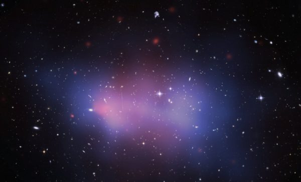 The colliding galaxy cluster "El Gordo," the largest one known in the observable Universe, showing the same evidence of dark matter. Image credit: NASA, ESA, J. Jee (Univ. of California, Davis), J. Hughes (Rutgers Univ.), F. Menanteau (Rutgers Univ. & Univ. of Illinois, Urbana-Champaign), C. Sifon (Leiden Obs.), R. Mandelbum (Carnegie Mellon Univ.), L. Barrientos (Univ. Catolica de Chile), and K. Ng (Univ. of California, Davis).