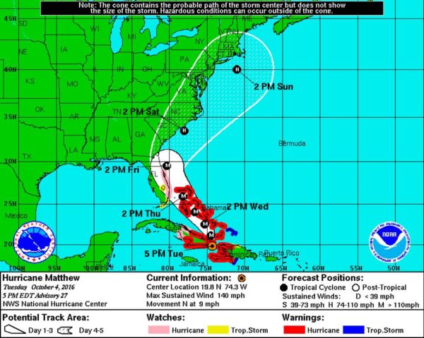 National Hurricane Center forecast as of 5 pm on October 4th. Image credit: NOAA.