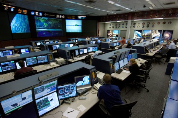 Flight control room 1 in NASA's Johnson Space Center in Houston, TX. This room is where ISS mission control is, and the image dates from 2006. Image credit: NASA.