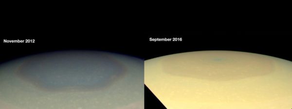 A 2012 (L) and a 2016 (R) image of Saturn's north pole, both taken with the Cassini wide-angle camera. Images credit: NASA / JPL-Caltech / Space Science Institute.