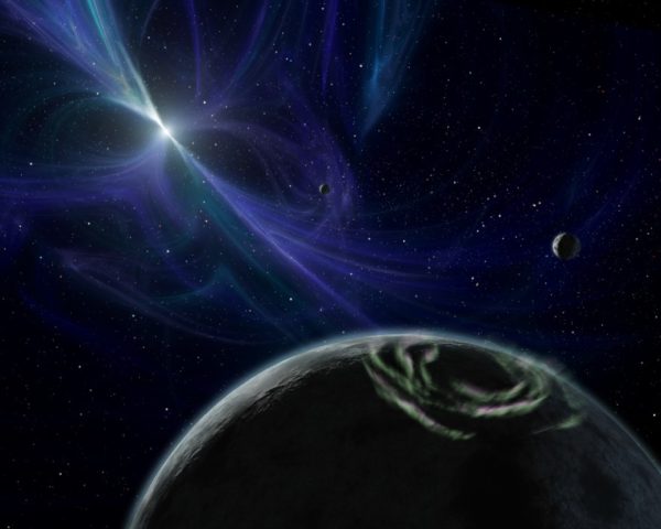 Artist’s conception of worlds around PSR 1257+12, the first system (discovered 1992) with verified extrasolar planets. Pulsar systems can have planets, but they themselves are not indicative of aliens. Illustration credit: NASA/JPL-Caltech/R. Hurt (SSC).