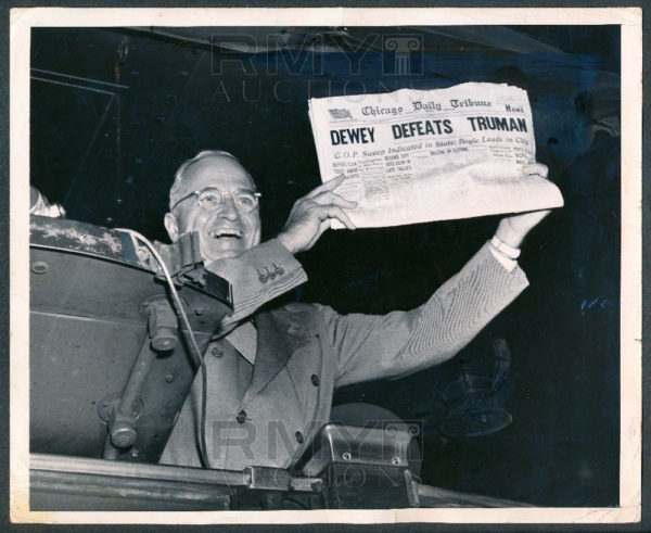 Truman holding up a copy of the infamous Chicago Daily Tribune after the 1948 election. Image credit: flickr user A Meyers 91 of the Frank Cancellare original, via https://www.flickr.com/photos/85635025@N04/12894913705 under cc-by-2.0.