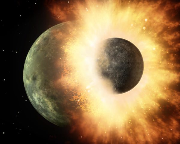 The giant impact hypothesis states that a Mars-sized body collided with early Earth, with the debris that doesn't fall back to Earth forming the Moon. Image credit: NASA/JPL-Caltech.