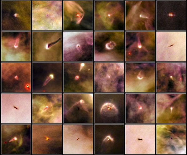 30 protoplanetary disks, or proplyds, as imaged by Hubble in the Orion Nebula. Image credit: NASA/ESA and L. Ricci (ESO).