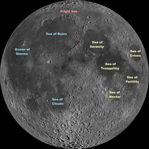 The maria -- or seas -- of the Moon's surface visible on the near site. The sea of tranquility (Mare Tranquillitas) was the site of Apollo 11's landing. Image credit: NASA/GSFC/Arizona State University, annotations by Stardate / The University of Texas McDonald Observatory.