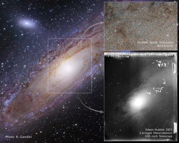 The star in the great Andromeda Nebula that changed our view of the Universe forever, as imaged first by Edwin Hubble in 1923 and then by the Hubble Space Telescope nearly 90 years later. Image credit: NASA, ESA and Z. Levay (STScI) (for the illustration); NASA, ESA and the Hubble Heritage Team (STScI/AURA) (for the image).