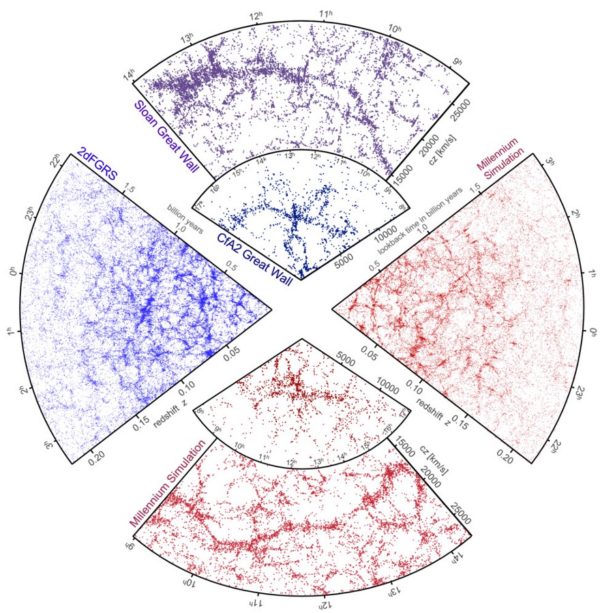 Both simulations (red) and galaxy surveys (blue/purple) display the same large-scale clustering patterns. Image credit: Gerard Lemson & the Virgo Consortium, via http://www.mpa-garching.mpg.de/millennium/.