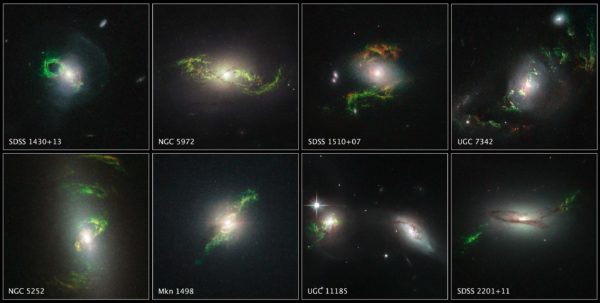 The bright emissions extending past the edge of the galaxies are evidence of prior AGN activity, but the central black holes are too dim now. Image credit: NASA / ESA / W. Keel, University of Alabama.