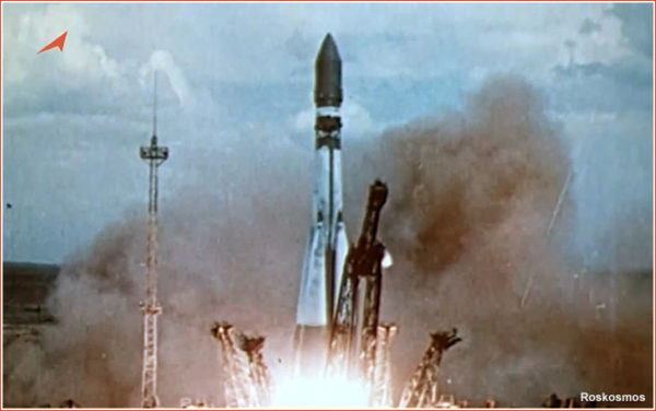 The launch of Vostok 6, with Valentina Tereshkova aboard. Image credit: Roskosmos.