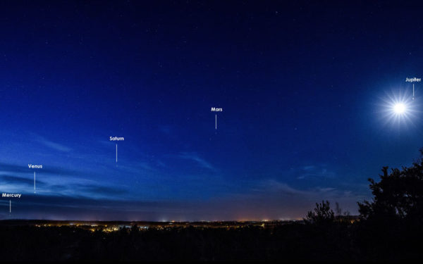 It only happens once every 11 years, but occasionally, all five naked-eye planets are visible at once. Mercury is always the toughest to spot. Image credit: Martin Dolan.