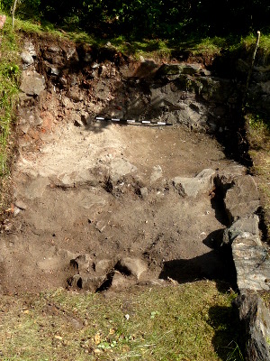 Trench C. Note the lines of stone blocks forming a right angle, possibly for a house foundation, and the pale remains of a mortar layer.