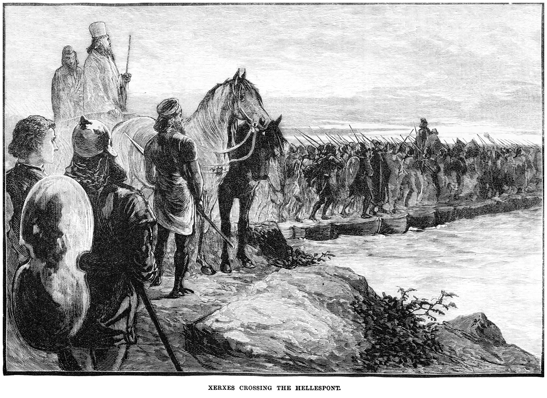 An old engraved illustration of crossing the Hellespont by Xerxes with his huge army.