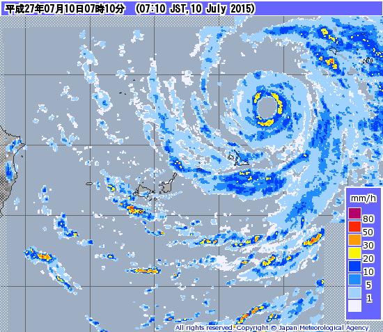 "Typhoon Chan-hom as seen by radar on Okinawa at 7:45 pm EDT Thursday (08:45 JST Friday, July 10), 2015. At the time, Chan-hom was a Category 4 storm with 130 mph winds."  