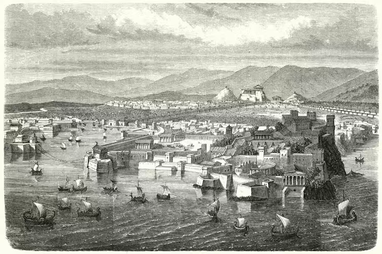 A 19th-century engraving depicting the ancient city of Athens at its peak