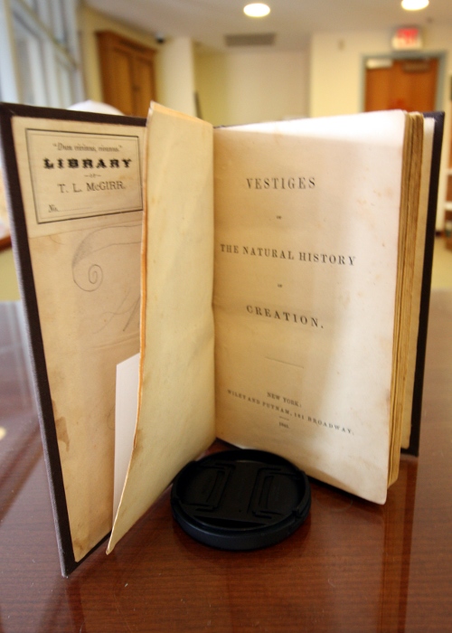 An 1845 edition of "Vestiges of the Natural History of Creation," published anonymously but now known to be the work of Robert Chambers. From the rare books collection at Union College.