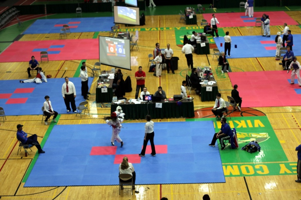 The taekwondo tournmanet from way up in the bleachers.
