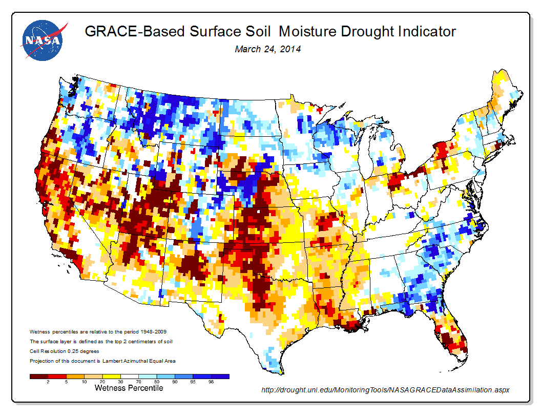 The most recent (as of March 31, 2014) estimate of soil moisture deficit. Source: NASA GRACE-based satellite data.