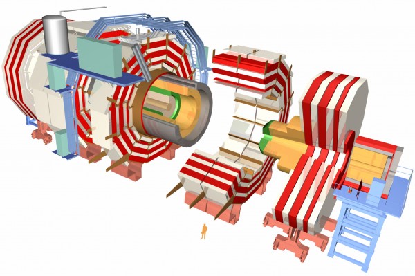 A sketch of the schematics of the CMS detector. The C stands for compact, which is hilarious because ATLAS, the other CERN detector is the ONLY particle detector in human history that's larger. Image credit: CERN.