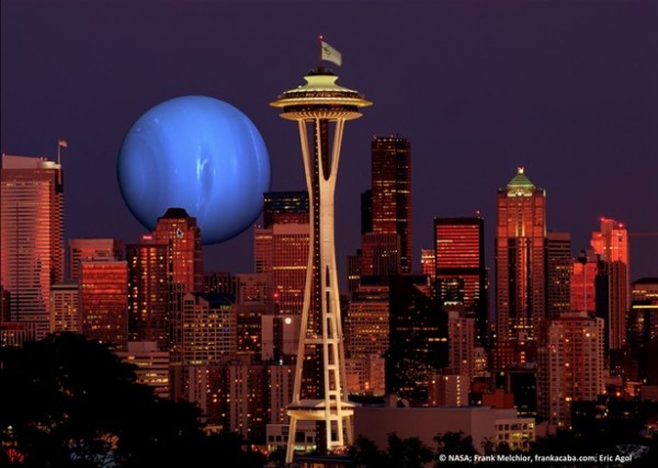 Seattle skyline with a gas giant
