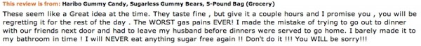 Image credit: actual customer review of Haribo sugar-free gummi bears from http://www.amazon.com/.