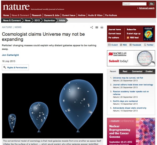Image credit: screenshot from Nature, via http://www.nature.com/news/cosmologist-claims-universe-may-not-be-expanding-1.13379.