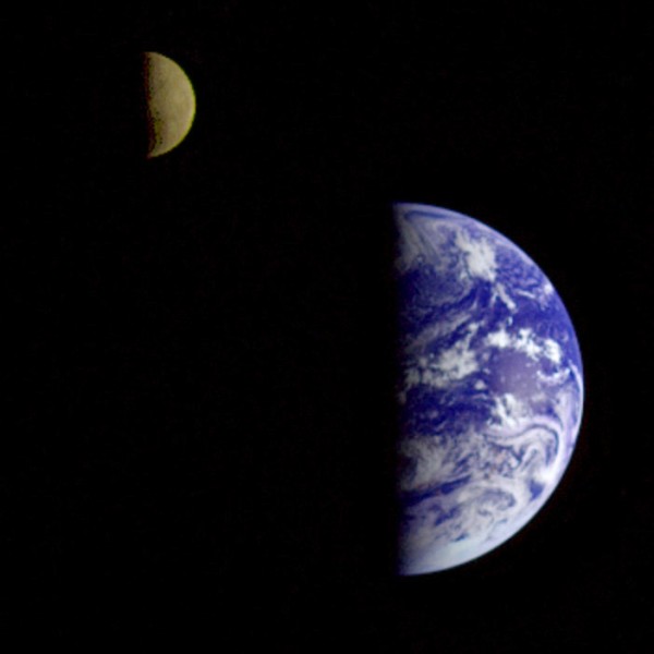 Image credit: NASA / Voyager 1. This (cropped) 1977 image is the first photo of the complete Earth and Moon in a single photograph.