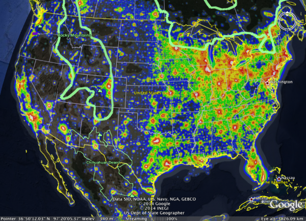 Image credit: Google Earth with Light Pollution Overlay.