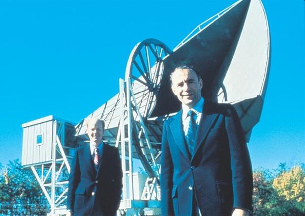 Image credit: Bell Labs, circa 1963, of Penzias and Wilson with the Horn Antenna, via http://www.astro.virginia.edu/~dmw8f/BBA_web/unit03/unit3.html.