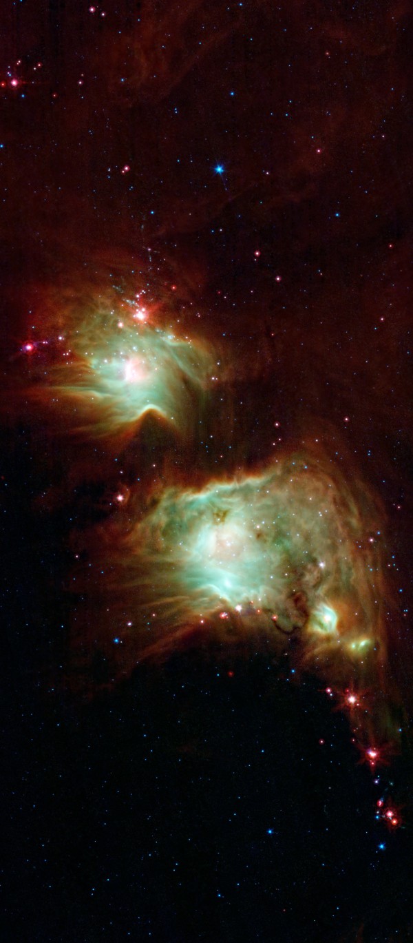 Image credit: NASA/JPL-Caltech, from the Spitzer Space Telescope. Best known as Messier 78, the two round greenish nebulae are actually cavities carved out of the surrounding dark dust clouds. The extended dust is mostly dark, even to Spitzer's view, but the edges show up in mid-wavelength infrared light as glowing red frames surrounding the bright interiors. Messier 78 is easily seen in small telescopes to the naked eye in the constellation of Orion, just to the northeast of Orion's belt, but looks strikingly different, with dominant, dark swaths of dust. Spitzer's infrared eyes penetrate this dust, revealing the glowing interior of the nebulae. The light from young, newborn stars are starting to carve out cavities within the dust, and eventually, this will become a larger nebula like the "green ring" imaged by Spitzer http://www.spitzer.caltech.edu/news/1287. A string of baby stars that have yet to burn their way through their natal shells can be seen as red pinpoints on the outside of the nebula. Eventually these will blossom into their own glowing balls, turning this two-eyed eyeglass into a many-eyed monster of a nebula. This is a three-color composite that shows infrared observations from two Spitzer instruments. Blue represents 3.6- and 4.5-micron light and green shows light of 5.8 and 8 microns, both captured by Spitzer's infrared array camera. Red is 24-micron light detected by Spitzer's multiband imaging photometer.
