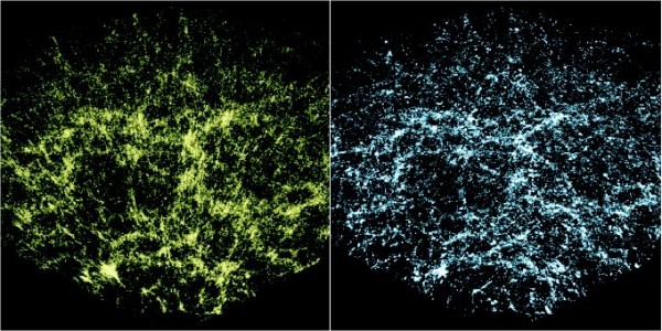 Galaxies shown in redshift space (left) and real space (right). Notice the tremendous differences. Image credit: M.U. SubbaRao et al., New J. Phys. 10 (2008) 125015, via IOPscience. 