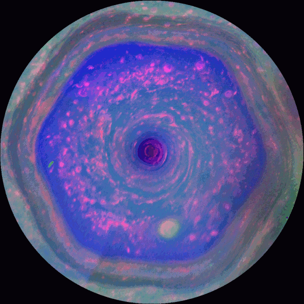 Image credit: NASA/JPL-Caltech/SSI/Hampton University, via http://www.jpl.nasa.gov/spaceimages/details.php?id=PIA17652, of Saturn’s north polar storm in false color.
