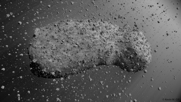 Image credit: flickr user Kevin Gill, based on a 3-D model of asteroid Itokawa by Doug Ellison / NASA-JPL. Via https://www.flickr.com/photos/kevinmgill/15148296739.